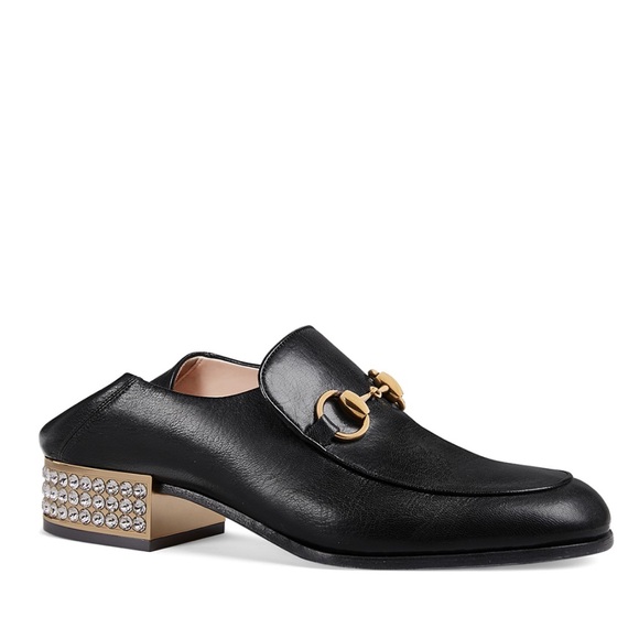Gucci Horsebit Leather & Crystal Heel Loafers in Black